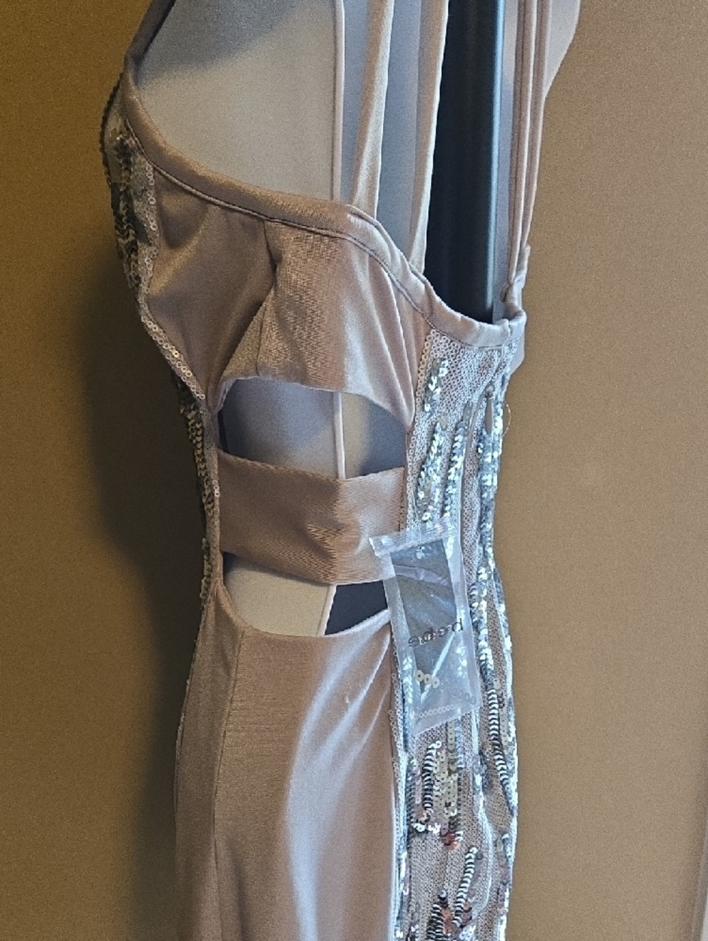 bebe Grey & Silver Sequin  Mini Dress Cut-Out Side & Strappy Back - Picture 7 of 12